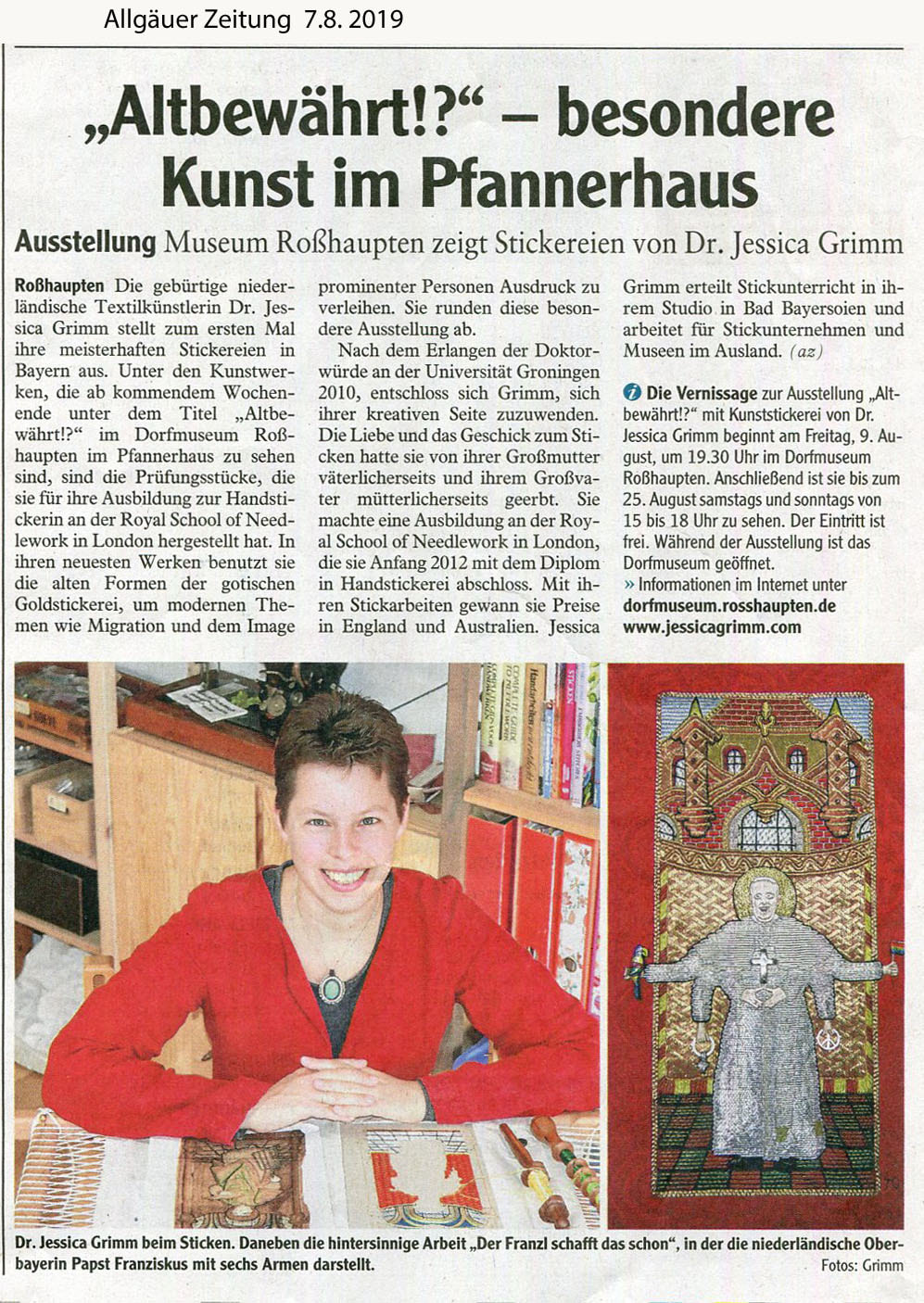 Newspaper article art embroidery exhibition Roßhaupten