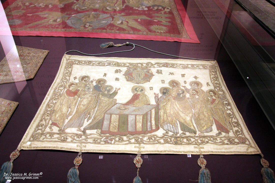 A chalice veil showing Mary and some Apostles made in Moldavia around AD 1481.